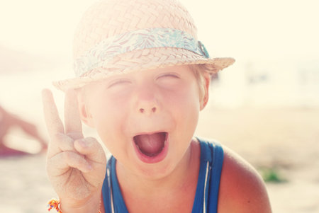 Funny Wriggles Boy Wattled Hat Make Fingers V Gesture Summer Beach Day Background Toned