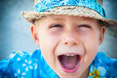 Child Blue Shirt Straw Hat Holidays Clothes Shouts Laughs Camera