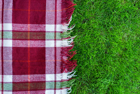 Checkered Plaid Picnic Green Grass Summer Time Backgroundの写真素材