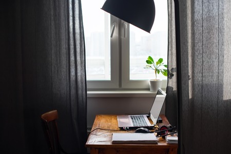 Laptop Computer Blank Screen on Working Tableの写真素材