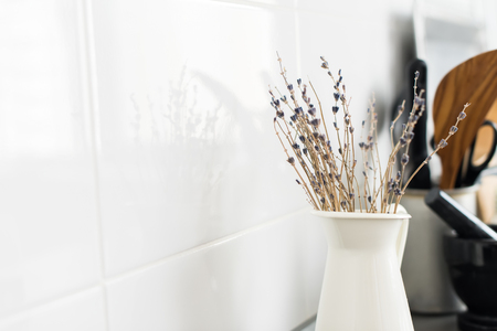Decoration for Interior Lavender White Jug Kitchen Still Life Rustic Dishes Table Ware Copy Space Selective Focusの写真素材
