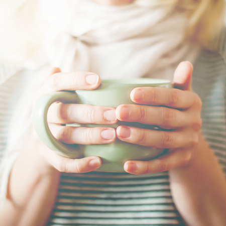 Cup Tea Coffee Female Hands Hold Close up Pastel Toned Photo Strip Dressの写真素材