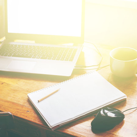 Home Interior Distant Work Laptop Computer Mouse Notebook Pencil Document Stuff Vintage Wooden...