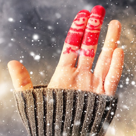 Finger Hand Art Friends Celebrates Christmas Concept Group People Laughing New Year Clothes Toned Snowfall Effectの写真素材