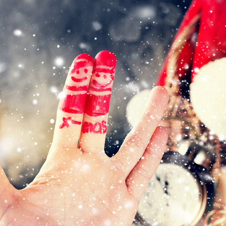 Finger Hand Art Friends Celebrates Christmas Concept Group People Laughing New Year Clothes Toned Snowfall Effectの写真素材