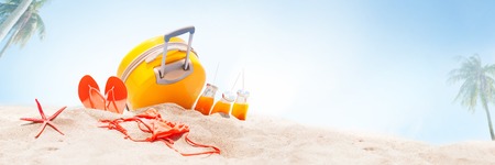 Banner Holidays Accessories Yellow Trunk Orange Juices Bikini Slippers Sea Star White Sand Beach Sunny Summer Day. Relax Travel Collage Concept Art Palms on Blue Sky Backgroundの写真素材