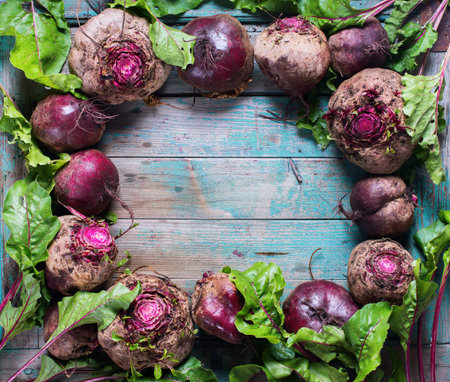 Beetroots with Tops Lies Wooden Blue Background Rustic Style Natural Frame Organic