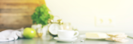 Banner Kitchen Defocused Still Life Alarm Clock Coffee White Cup Breakfast Morning Concept Background Light Toned Copy Spaceの写真素材