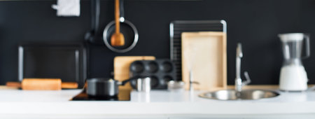 Defocused View of Cooking Accessories Kitchen Blackの写真素材