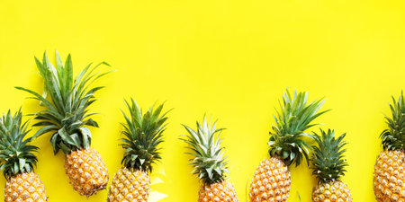 Row Line Pine Apple Whole Tropical Fruits with Leaves Useful Natural Organic Food Style Top View...