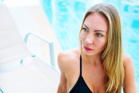Portrait Young Beautiful Blonde Long Hair Caucasian Woman Relaxed Near Swimming Pool Summer Day
