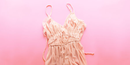 Woman Accessory One Pink Lacy Dress Top View Pink Background Flat Lay Copy Space Shopping Timeの写真素材