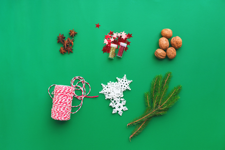 Christmas set Natural decor walnuts fir tree walnuts ribbon for gifts and presents.の写真素材