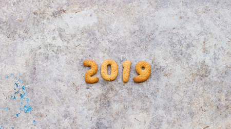2019 year lettering. Baked gingerbread cookies star shape.の写真素材