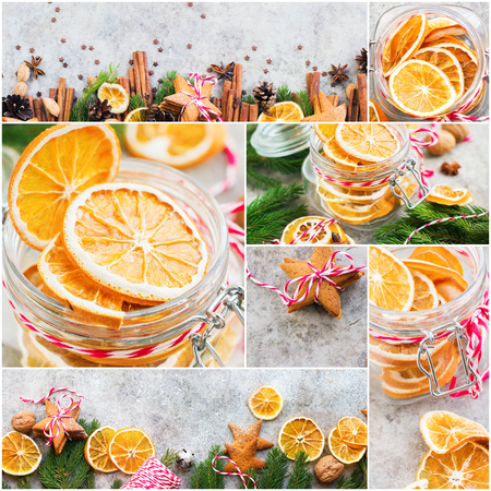 Collage with homemade dried oranges slices in the jar from above.の写真素材