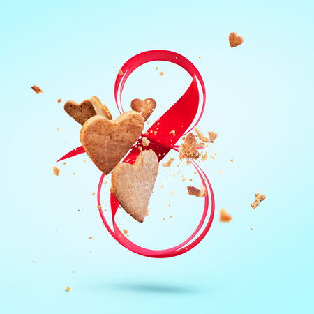 Post card 8 March number from red ribbon and flying crisp cookies in shape heart on blue. Isolated...