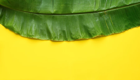 Thai green banana leaf as base for food on yellow. Top view minimal concept. Empty background