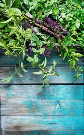 Defferent spices herbs sage parsley pepper cucumber tomatoes greens leek. Cuisine ingredients on rustic wooden background. Colorful natural organic food. Farm product. Top viewの写真素材