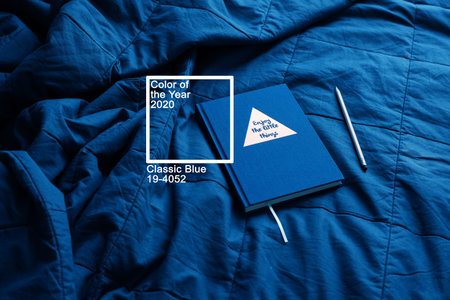 Daily log and pencil on blue plaid. Trend colors of the year 2020. Home interior detail. Planning of...