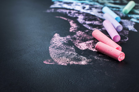 Drawn Strokes Pieces Colored Chalks on Black Texture Background School Concept
