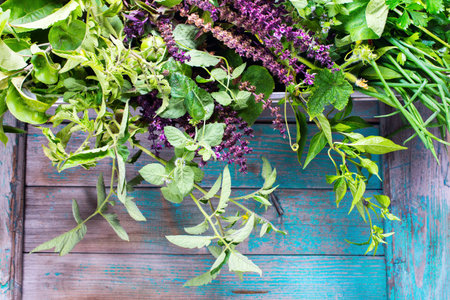 Spices Herbs Metal Bowl Food Sage Parsley Pepper Cucumber Tomatoes Greens Leek Cuisine Ingredients Colorful Natural Organic Productの写真素材