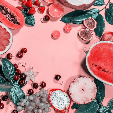 Assortment tropical exotic fruits berryes top veiw on pink background in round frame. Raw eating diet concept. Super natural food background. High resolution. Flat layの写真素材