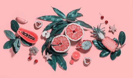 Cut in two halves grapefruit with different exotic tropical fruits and green leaves on bright pink background. Raw eating diet concept. Super natural foodの写真素材