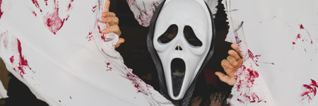 horror scene with character scream mask and sheets with blood