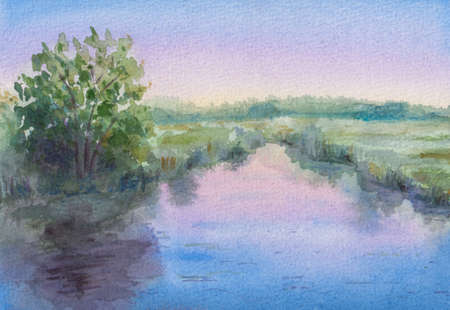 Beautiful summer landscape in watercolor with a river, trees, at dawnの写真素材