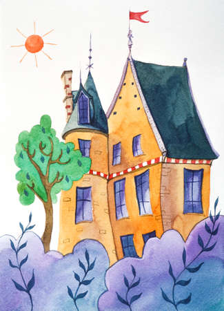 Fantastic fantasy house with trees painted with watercolorsの写真素材