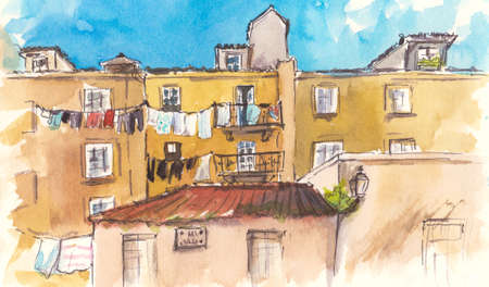 House in Florence, windows and linen, painted in watercolor in vectorのイラスト素材