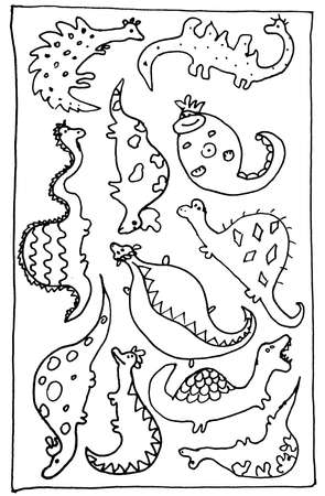 Dinosaurs drawing with a black pen in a frame sketchのイラスト素材