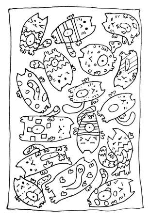 Cats drawing with a black pen in a frame sketchのイラスト素材