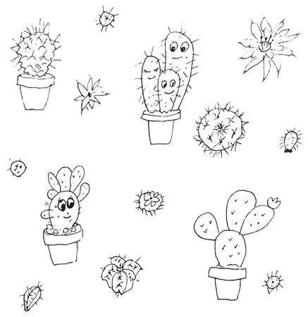Cactus drawn with a black pen in different angles patternのイラスト素材