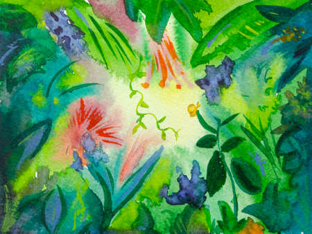 Jungle different green bright leaves and flowers with sunlight watercolor backgroundのイラスト素材