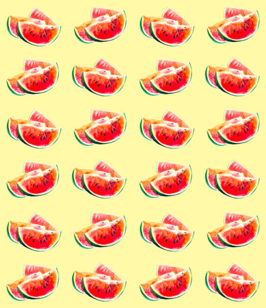 Watercolor watermelon slices pattern on yellow backgroundの写真素材