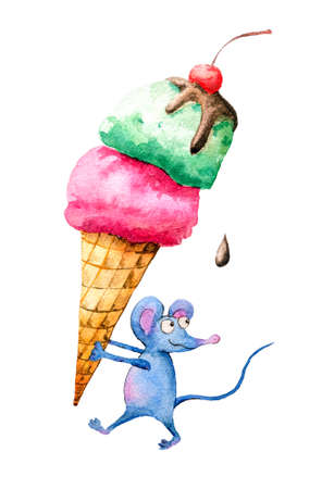 Ice cream in a cone with a cherry and chocolate is carried by a mouse painted in watercolorのイラスト素材