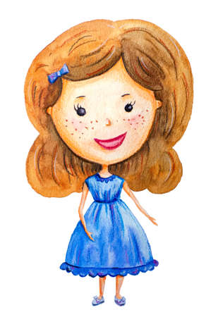 Character girl doll with beautiful hair and in a blue dress and shoes smiles on a white backgroundの写真素材
