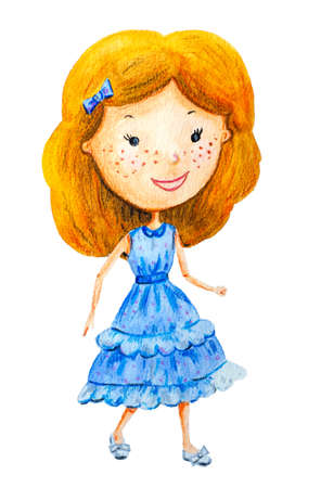 Character girl doll with beautiful hair and in a blue dress and shoes smiles on a white backgroundの写真素材