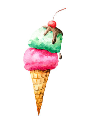 Ice cream red and green poured with chocolate with cherries in a waffle cupのイラスト素材