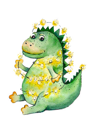 Postcard Happy New Year With a Dinosaur decorating himself with a garlandのイラスト素材