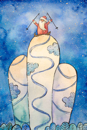 Postcard Happy New Year with Santa Claus skiing on a snowy mountainの写真素材