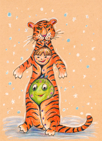 New year card on craft paper with characters dinosaur, tiger, boy, christmas tree drawn on craft paperの写真素材