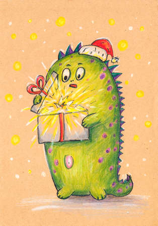 New year card on craft paper with characters dinosaur, tiger, boy, christmas tree drawn on craft paperの写真素材