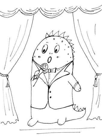 Black outline dinosaur in the role of a presenter with a microphone and in a tailcoat drawn sketch coloring bookのイラスト素材
