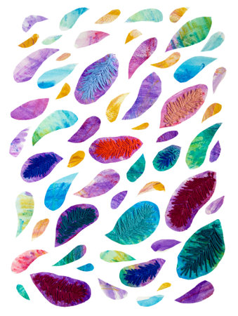 Multi-colored feathers painted and embroidered with threads on a white background drawnの写真素材