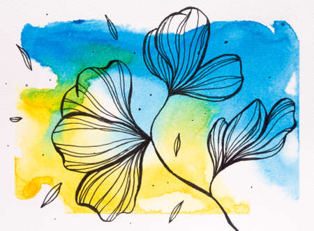 Drawn beautiful flowers with a black pen on a watercolor colored backgroundの写真素材