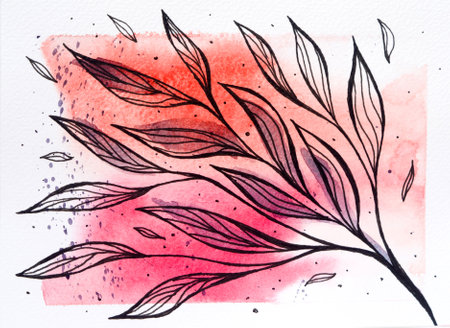 Drawn beautiful flowers with a black pen on a watercolor colored backgroundの写真素材