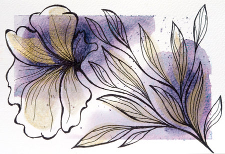 Drawn beautiful flowers with a black pen on a watercolor colored backgroundの写真素材
