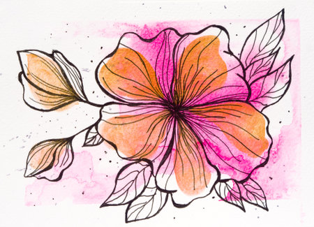 Drawn beautiful flowers with a black pen on a watercolor colored backgroundの写真素材